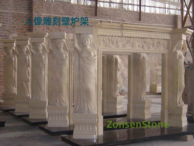 Human-shaped carved fireplace mantel