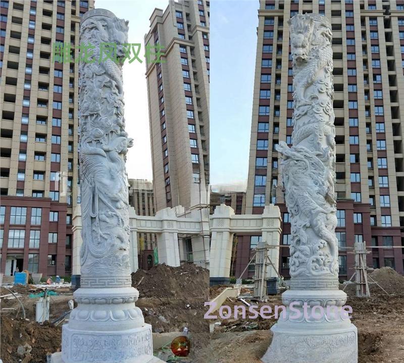 Carved Dragon and Phoenix Double Pillars